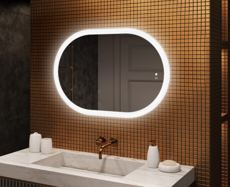 Espejo de baño iluminado, 100×70 cm, bicolor, interruptor táctil, alfombrilla calefactable