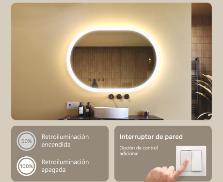 Espejo de baño iluminado, 100×70 cm, bicolor, interruptor táctil, alfombrilla calefactable #4