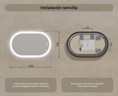 Espejo de baño iluminado, 120×70 cm, bicolor, interruptor táctil, alfombrilla calefactable #8