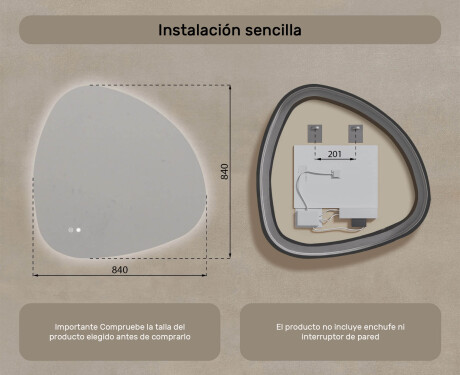 Espejo irregular con iluminación, 84×84 cm, bicolor, interruptor táctil, alfombrilla calefactable #8