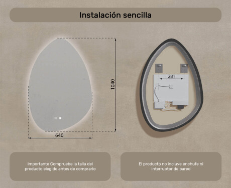 Espejo irregular con iluminación, 64×94 cm, bicolor, interruptor táctil, alfombrilla calefactable #8