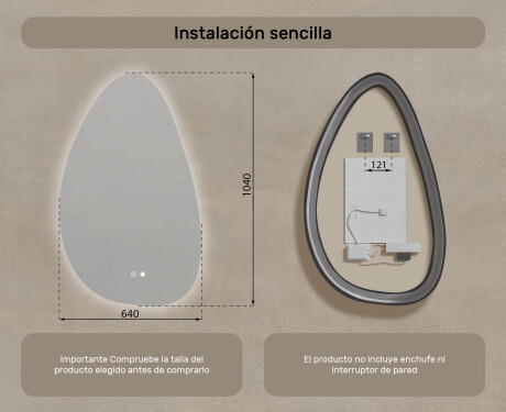 Espejo irregular con iluminación, 64×104 cm, bicolor, interruptor táctil, alfombrilla calefactable #8