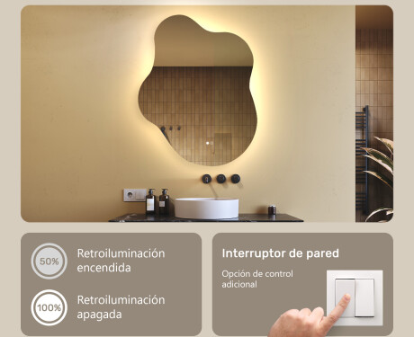 Espejo irregular con iluminación, 74×94 cm, bicolor, interruptor táctil, alfombrilla calefactable #4
