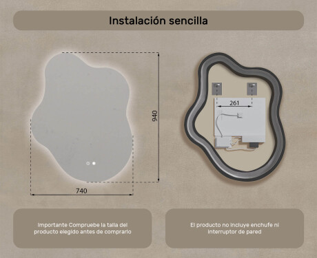 Espejo irregular con iluminación, 74×94 cm, bicolor, interruptor táctil, alfombrilla calefactable #8