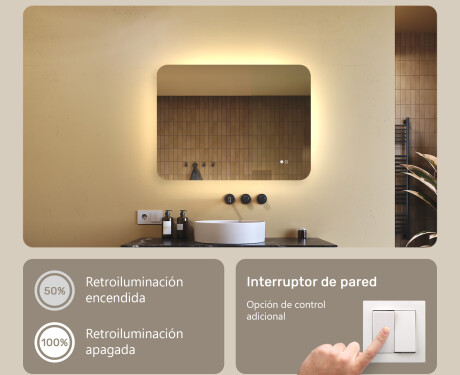 Espejo de baño redondeado con iluminación LED, 80×60 cm, bicolor, interruptor táctil, alfombrilla calefactable #4