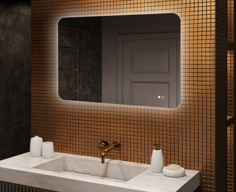 Espejo de baño redondeado con iluminación LED, 100×70 cm, bicolor, interruptor táctil, alfombrilla calefactable