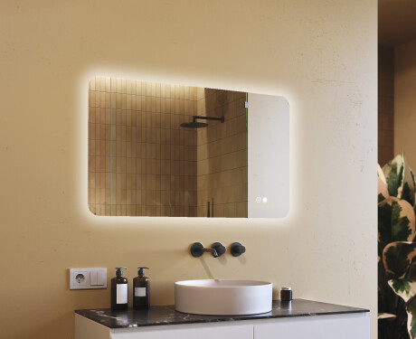 Espejo de baño redondeado con iluminación LED, 120×70 cm, bicolor, interruptor táctil, alfombrilla calefactable