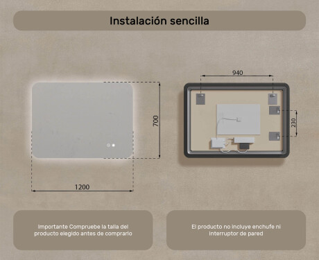 Espejo de baño redondeado con iluminación LED, 120×70 cm, bicolor, interruptor táctil, alfombrilla calefactable #8