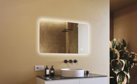 Espejo de baño redondeado con iluminación LED, 120×70 cm, bicolor, interruptor táctil, alfombrilla calefactable