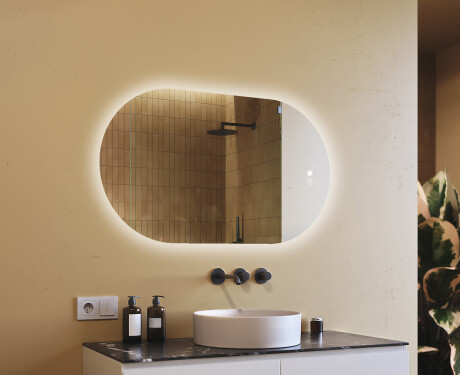 Espejo de baño iluminado, 120×70 cm, bicolor, interruptor táctil, alfombrilla calefactable