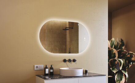 Espejo de baño iluminado, 120×70 cm, bicolor, interruptor táctil, alfombrilla calefactable