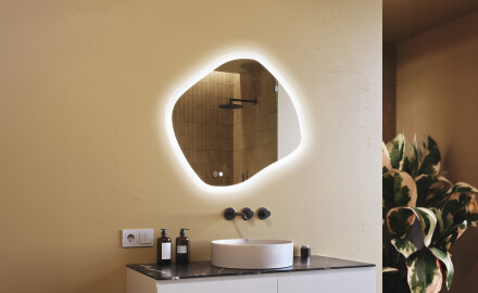 Espejo de baño con iluminación, 104×94 cm, bicolor, interruptor táctil, alfombrilla calefactable