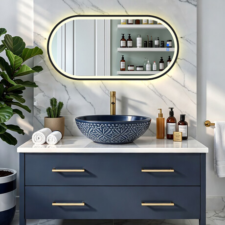 Espejo ovalado con iluminación LED con marco de aluminio negro #8