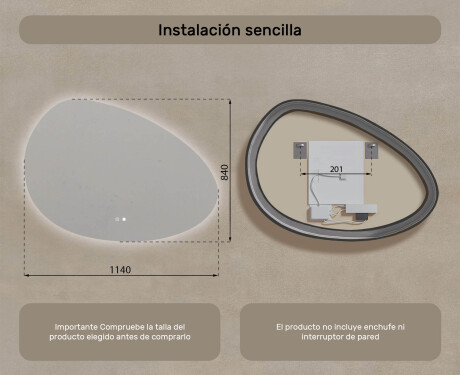 Espejo irregular con iluminación, 114×84 cm, bicolor, interruptor táctil, alfombrilla calefactable #8
