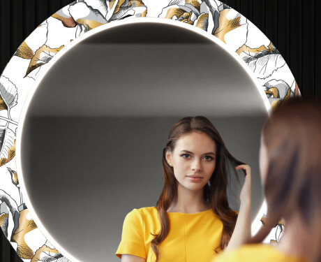 Redondo espejos decorativos grande pared con luz LED - golden flowers #12