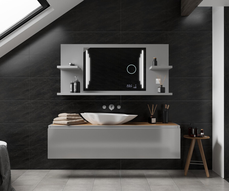 Espejo para baño con repisa de 60x80 cm fabricado en canto pulido y metal  en acabado color negro B-936 Bath Stage