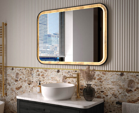 Espejo redondeado en marco de roble con iluminación LED