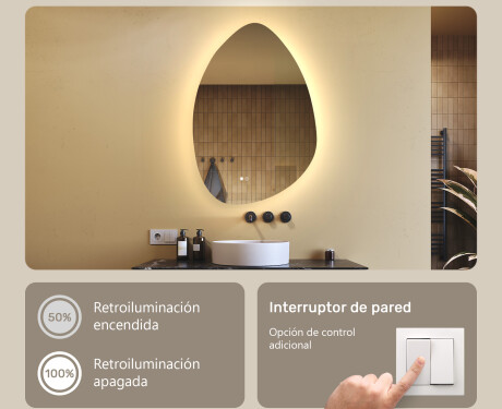 Espejo irregular con iluminación, 64×94 cm, bicolor, interruptor táctil, alfombrilla calefactable #4