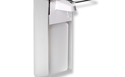 Dosificador de líquido desinfectante de 1,0 L con pulsador accionable con el codo / Aluminio mate