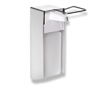 Dosificador de líquido desinfectante de 1,0 L con pulsador accionable con el codo / Aluminio mate