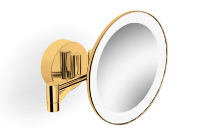 Espejo de maquillaje con aumento de 3x, redondo, con iluminación LED de luz cálida/fría, abatible, doble brazo articulado / acabado dorado brillante
