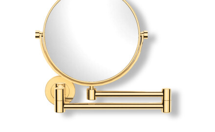 Espejo de maquillaje  recto / aumento de 3x, redondo, abatible, con doble brazo articulado / dorado brillante
