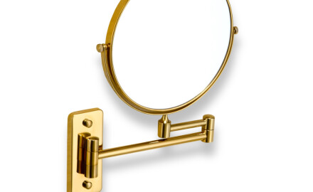 Espejo de maquillaje  recto / aumento de 3x, redondo, abatible, con doble brazo articulado / dorado brillante