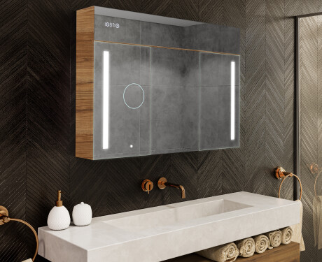 Armario de baño suspendido con espejo LED L02 Emily 100 x 72 cm en color Roble Antiguo