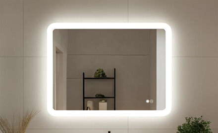 Espejo de baño redondeado con iluminación LED, bicolor, interruptor táctil, alfombrilla calefactable